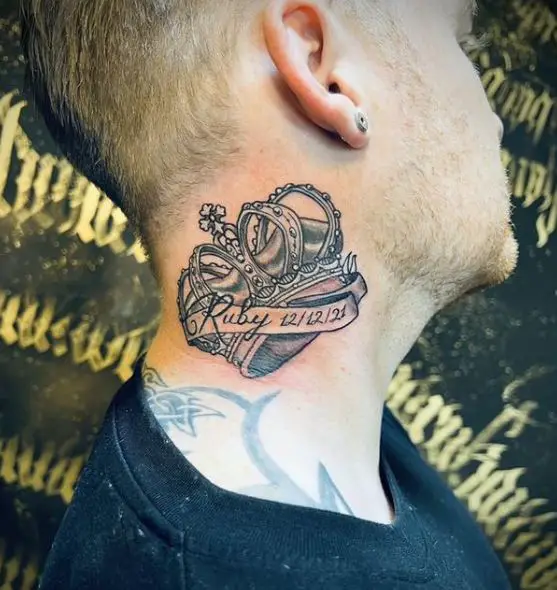Crown with Name and Date Neck Tattoo