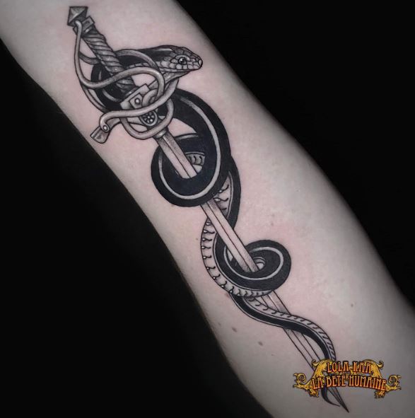 Black and Grey Snake and Sword Arm Tattoo