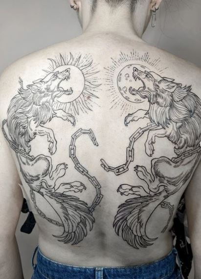 Grey Angry Wolves in Chains Back Tattoo