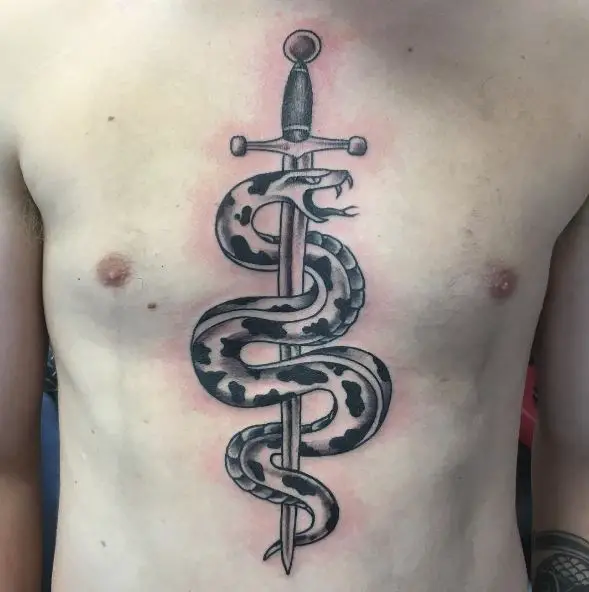 Black and Grey Snake and Sword Chest Tattoo