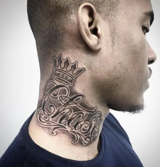 Script and Crown Neck Tattoo