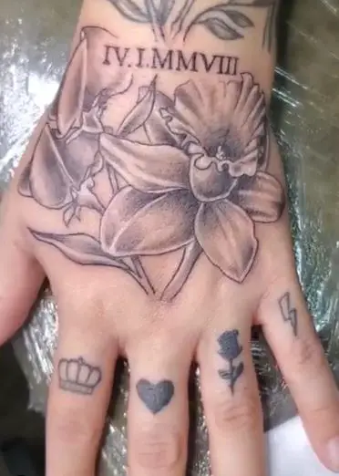 Flower with Roman Numbers and Symbols Hand to Knuckles Tattoo