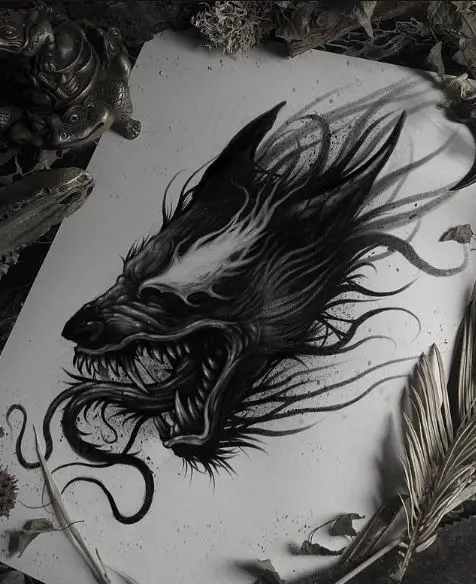 Black Hairy Angry Wolf Tattoo
