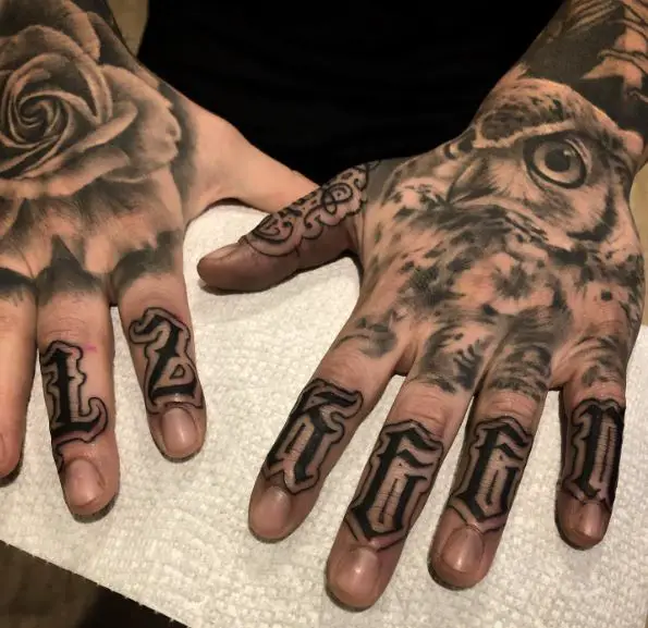 Rose and Owl with Lettering Hand to Knuckles Tattoo