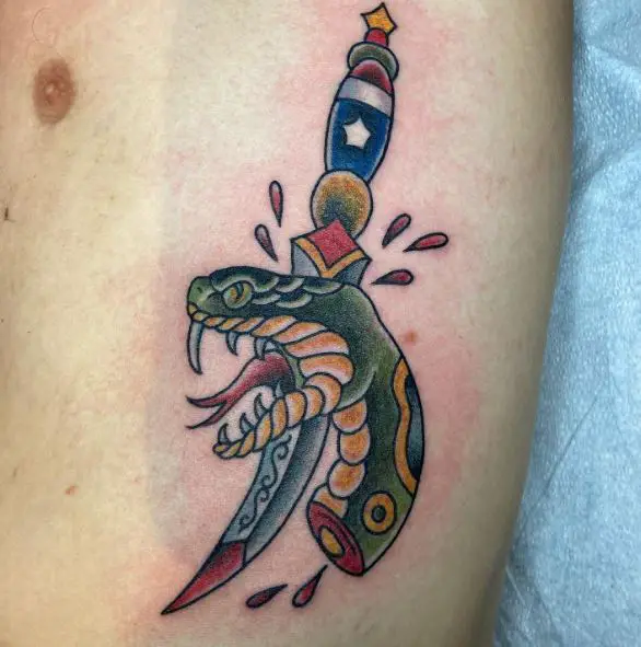 Colorful Dagger Stabbed in Snake Head Ribs Tattoo