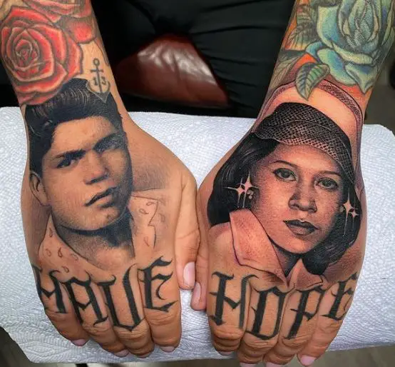 Realistic Portraits with Lettering Hand to Knuckles Tattoo
