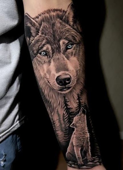 Wolf with Blue Eyes Arm Sleeve Tattoo