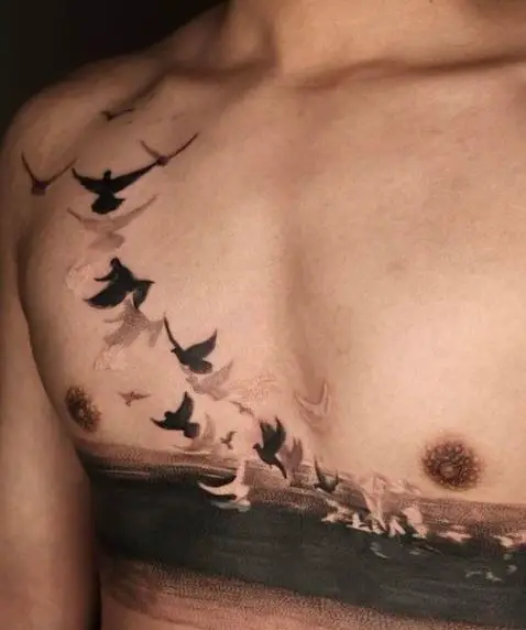 Flock of Birds Flying Chest Tattoo