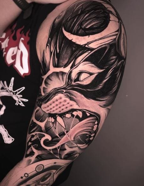 Black and Grey Angry Wolf Arm Sleeve Tattoo