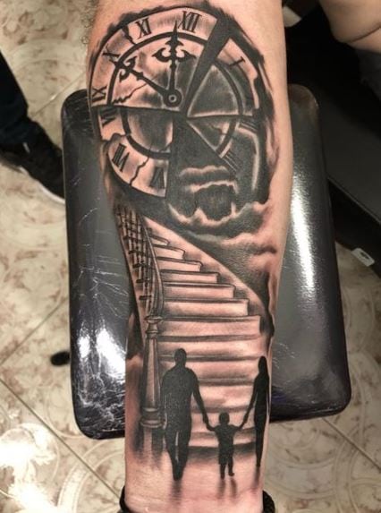 Family with Stairway and Clock Forearm Tattoo