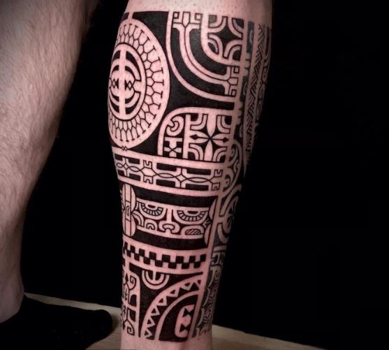Black Symmetrical Samoan Symbols Leg Tattoo