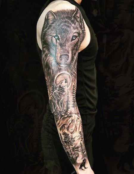 Night Landscape and Wolves Arm Sleeve Tattoo