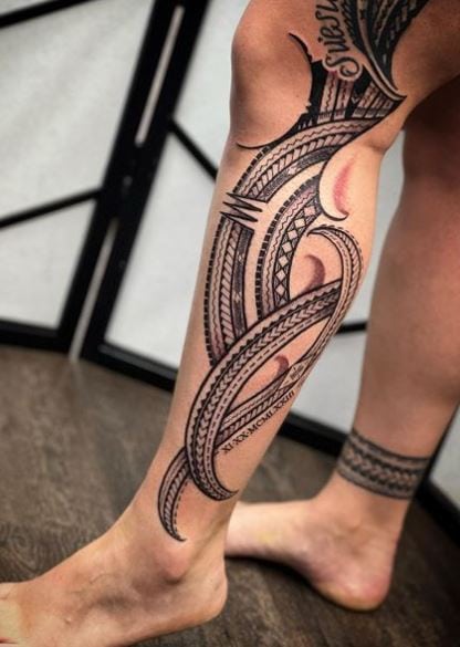 Black Samoan Tribal Leg Tattoo