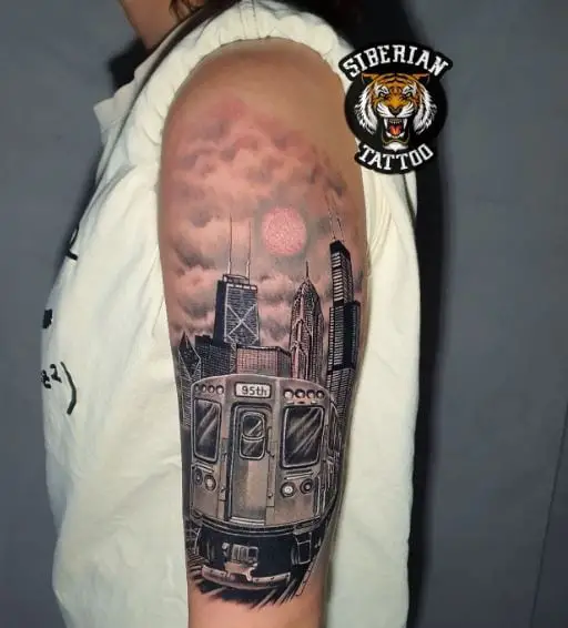 City Landscape and Train Arm Tattoo