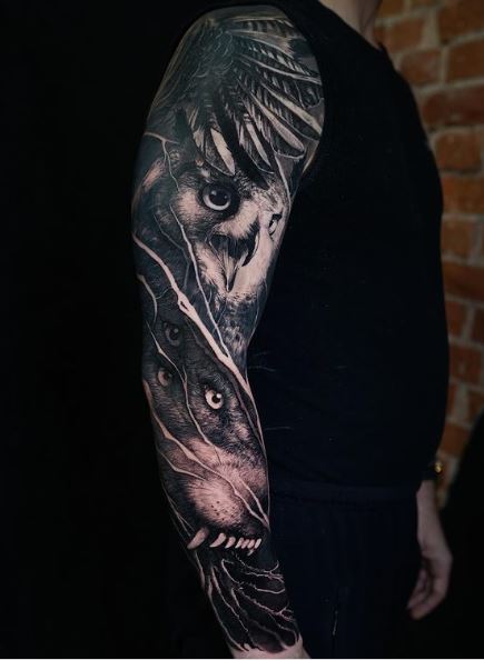 Owl and Wolf Arm Sleeve Tattoo
