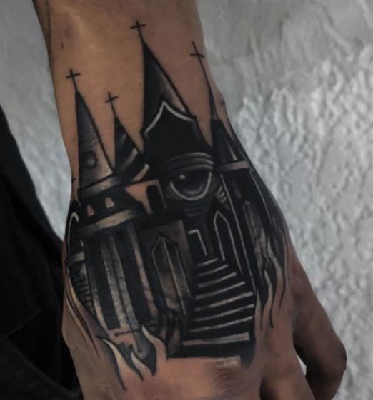Black and Grey Castle with Eye Hand Tattoo