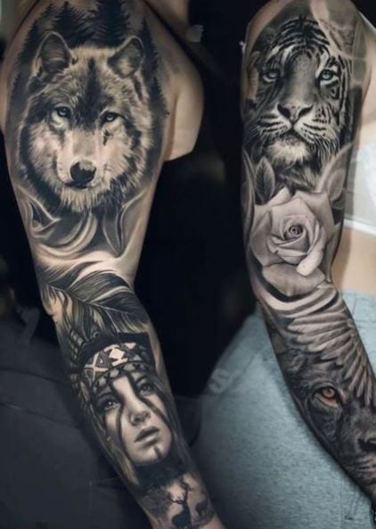 Indian Girl and Wolf Arm Sleeve Tattoo