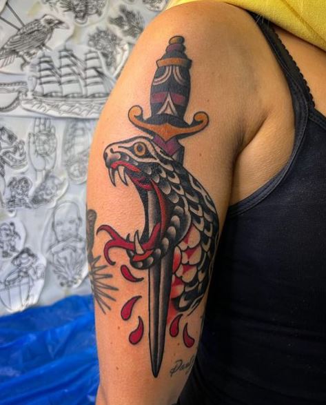 Pierced Snake by Dagger and Drops of Blood Arm Tattoo