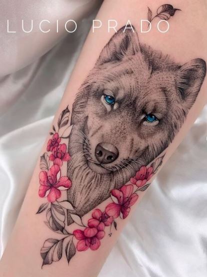 Pink Flowers and Wolf with Blue Eyes Arm Tattoo