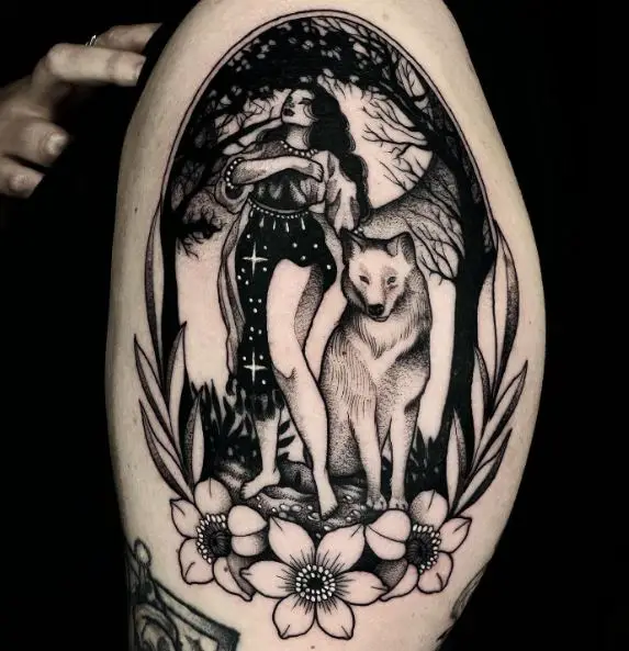 Girl with Flowers and Wolf Arm Tattoo