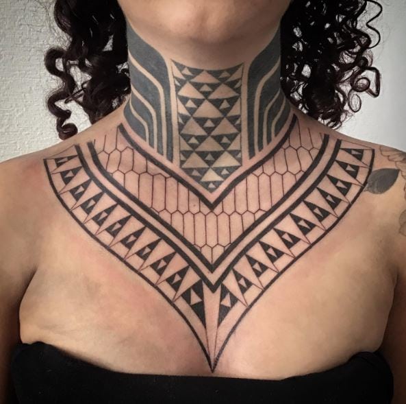 Grey Samoan Ornament Throat Tattoo
