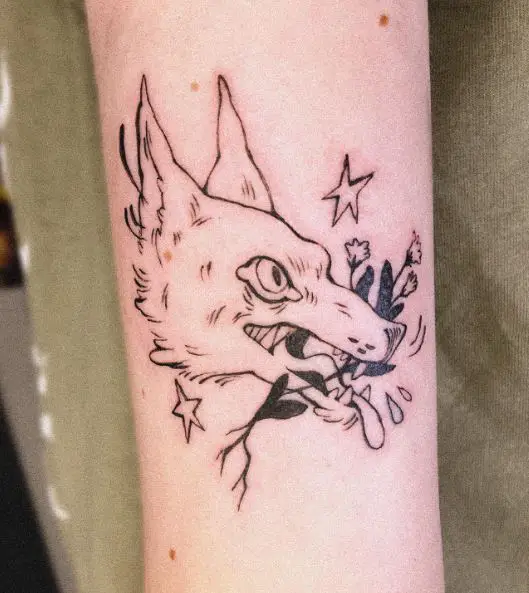 Flowers and Wolf Arm Tattoo