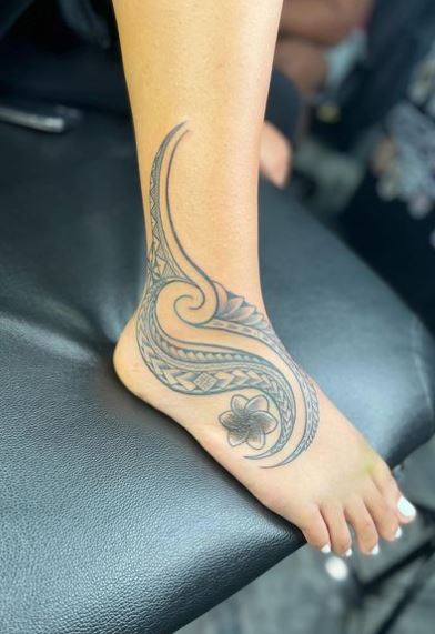 Flower and Samoan Tribal Foot Tattoo
