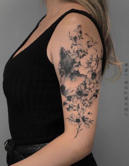 Black and Grey Flowers and Wolf Arm Tattoo