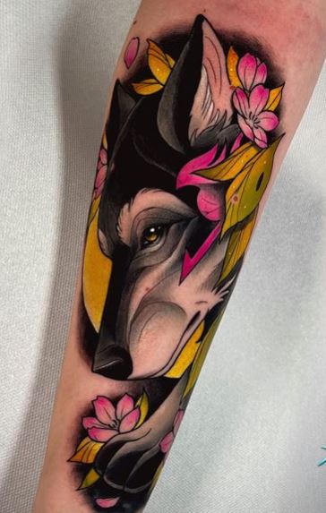 Colored Traditional Flowers and Wolf Arm Tattoo