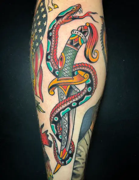 Colorful Snake and Knife Leg Tattoo