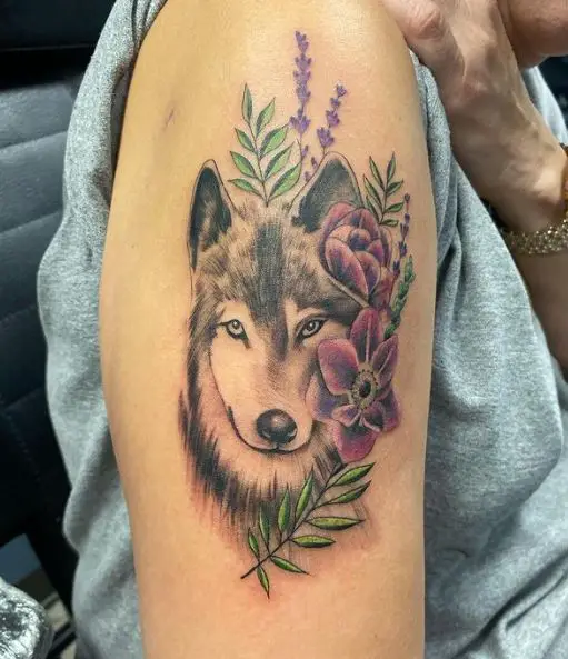 Violet Flowers and Wolf Arm Tattoo