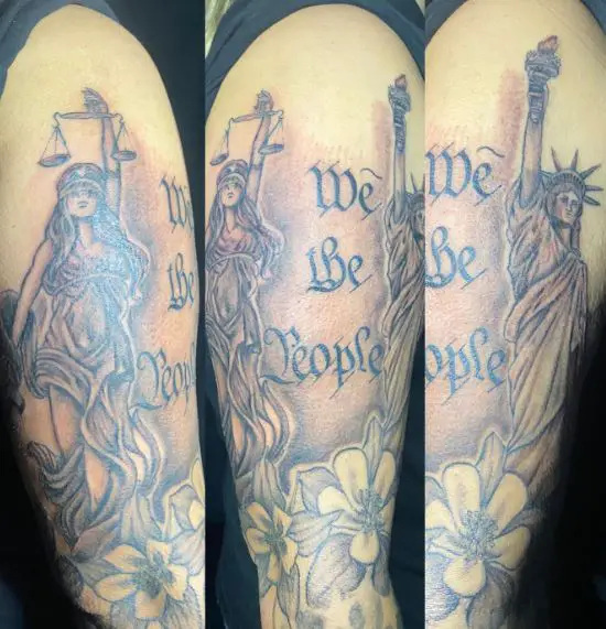 We The People with Lady Justice and Statue of Liberty Arm Tattoo
