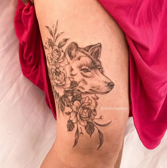 Grey Flowers and Wolf Thigh Tattoo