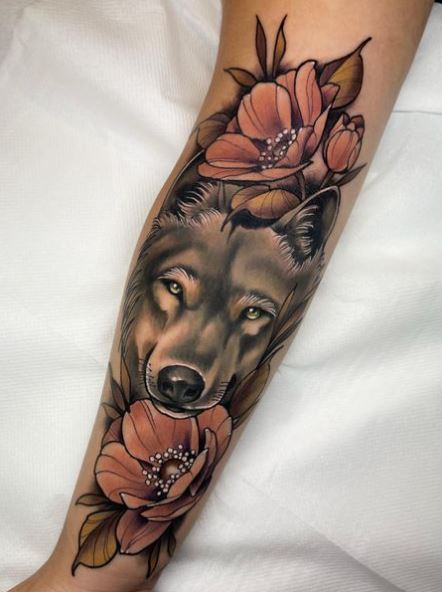 Anemone Flowers and Wolf Arm Tattoo