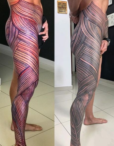 Samoan Tribal Butt and Full Leg Sleeve Tattoo