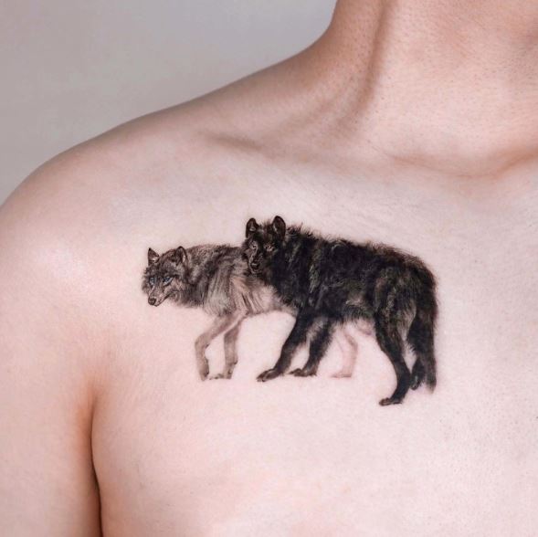 Black and Grey Wolves Chest Tattoo