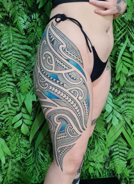 Colored Samoan Tribal Thigh Tattoo