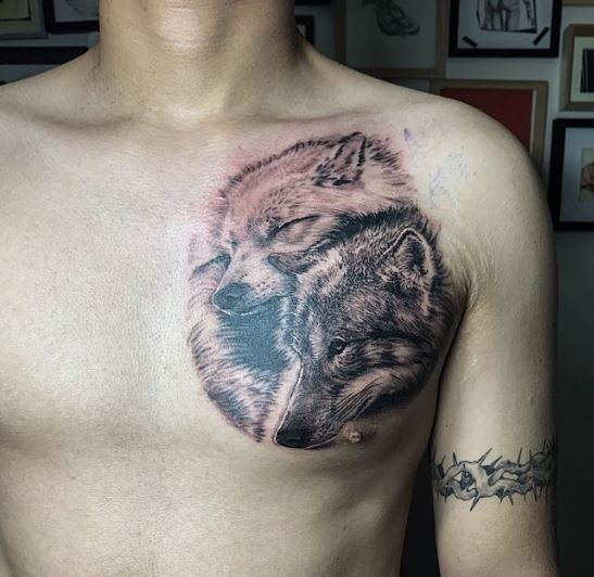 Realistic Two Wolves Chest Tattoo