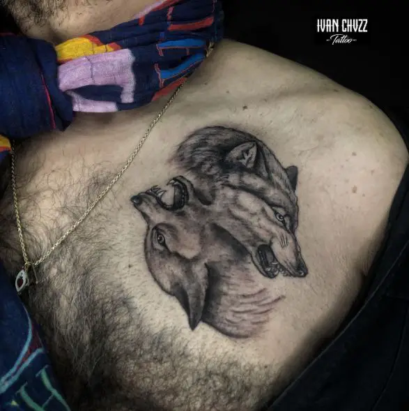Two Angry Wolves Chest Tattoo
