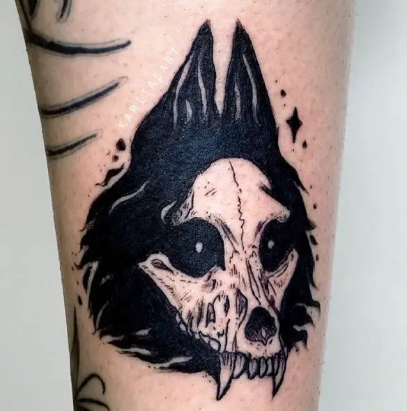 Black and White Wolf Skull Arm Tattoo