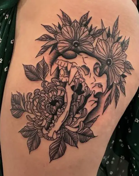 Flowers and Wolf Skull Thigh Tattoo