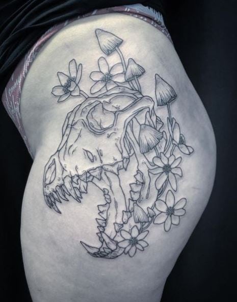 Flowers and Mushrooms with Wolf Skull Thigh Tattoo