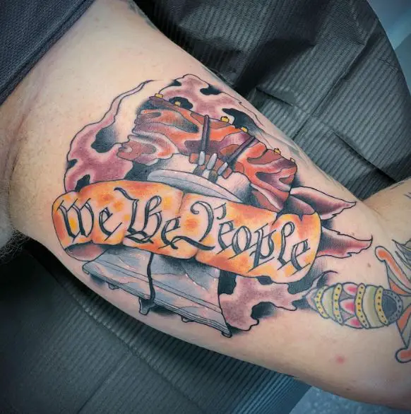 Colorful We The People with Liberty Bell Arm Tattoo