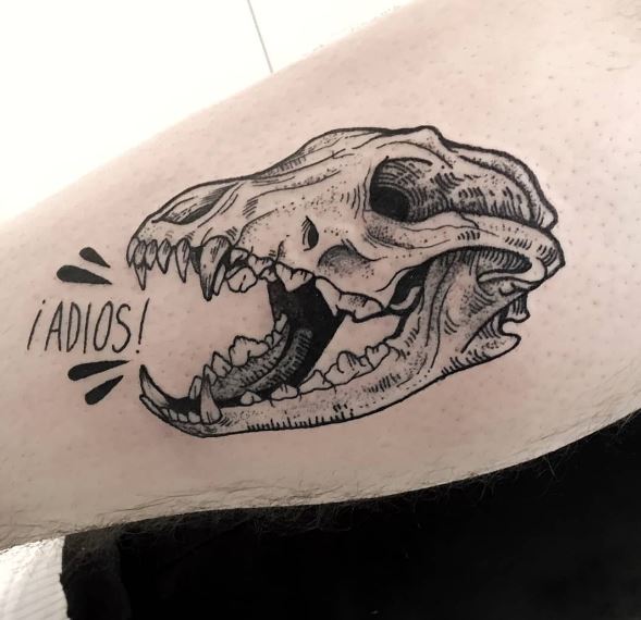 Black and Grey Wolf Skull Arm Tattoo