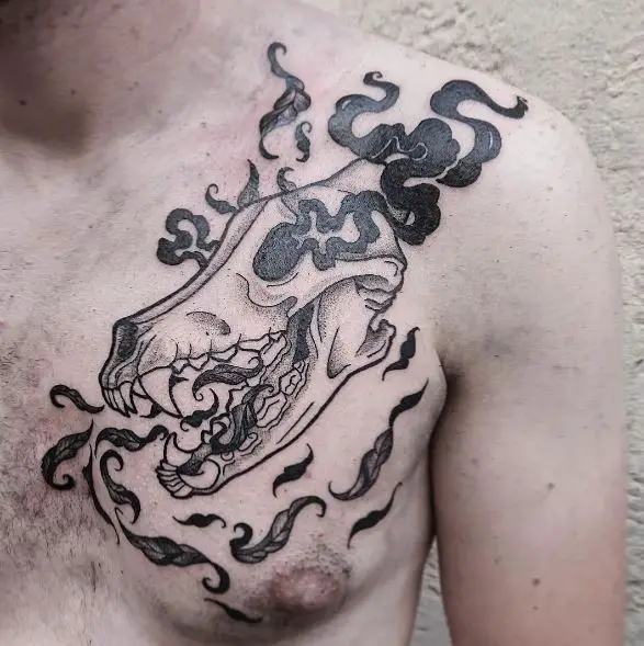 Black and White Wolf Skull Chest Tattoo