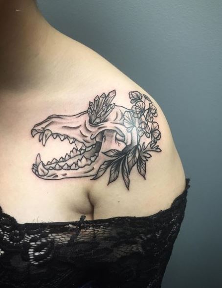 Flowers and Wolf Skull Shoulder Tattoo