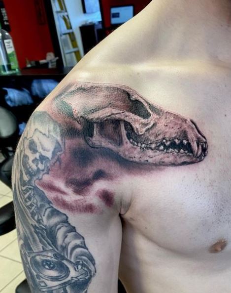 Death and Wolf Skull Shoulder Tattoo