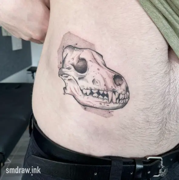 Black and White Wolf Skull Belly Tattoo