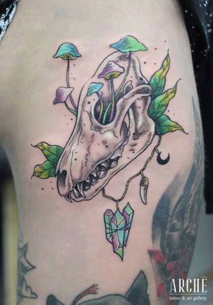 Mushrooms with Leaves and Wolf Skull Tattoo