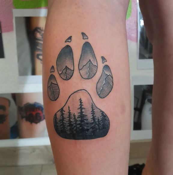 Mountain Landscape in Wolf Paw Leg Tattoo